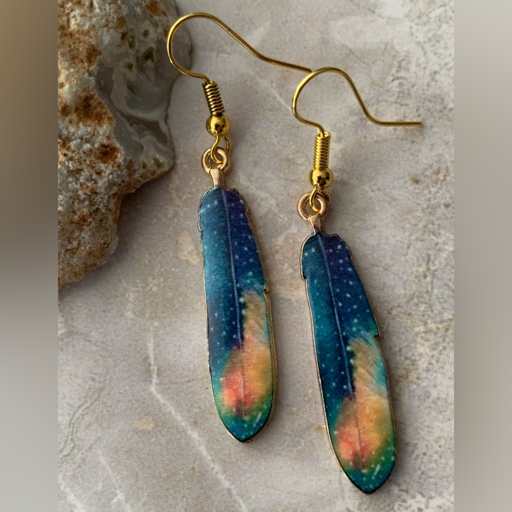 New Feather Earrings Abstract Blue Green Orange